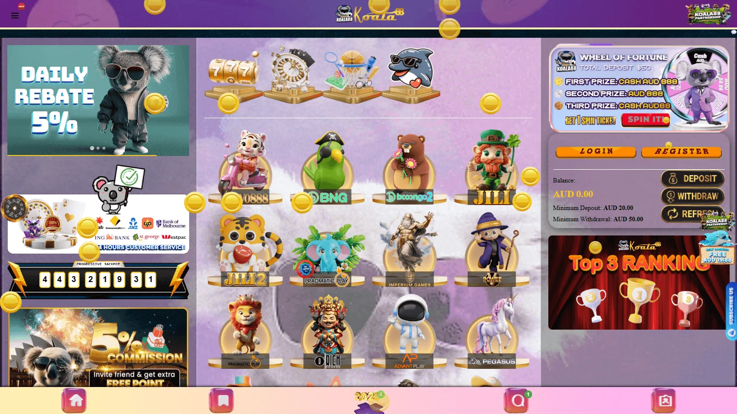 Koala88 Casino desktop home screen with the casino service and account offer