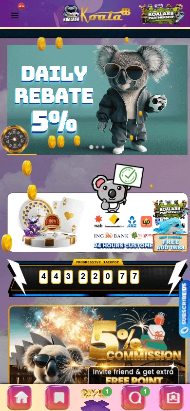Koala88 Casino mobile home screen for AUD casino and betting play