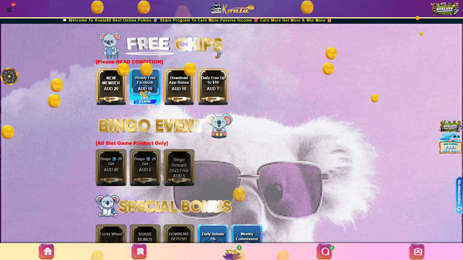 Koala88 Casino desktop promotions screen with welcome and promotional offers
